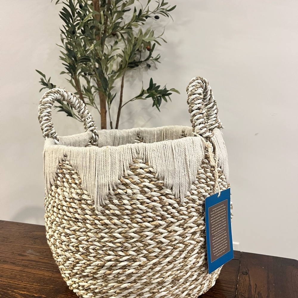 Woven Basket with Handles - Cream and Brown
